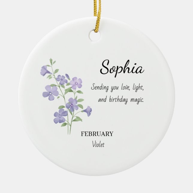 February Violet Personalised Birthday Ceramic Tree Decoration (Front)