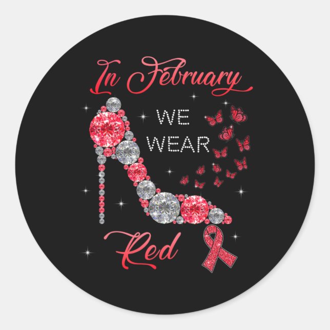 February We Wear Red Butterflies Heart Disease Awa Classic Round Sticker (Front)