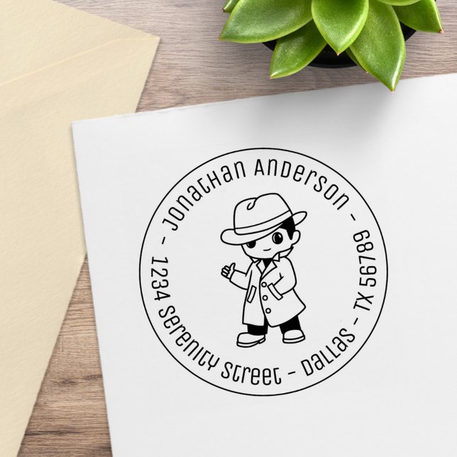Fedora Hat Trench Coat Man Round Address Rubber St Stamp (Creator Uploaded)