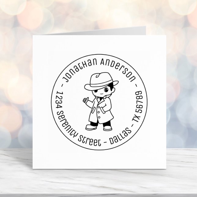 Fedora Hat Trench Coat Man Round Address Self-inki Self-inking Stamp (Creator Uploaded)