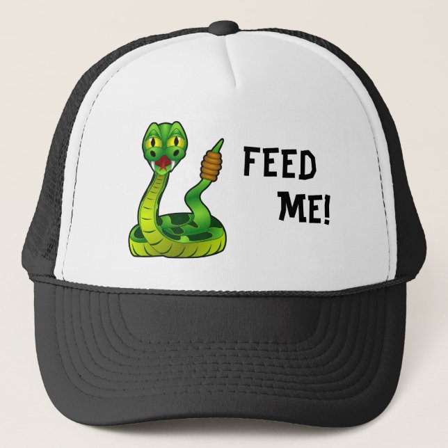 Feed Me Reptile Rattlesnake Cartoon Trucker Hat (Front)