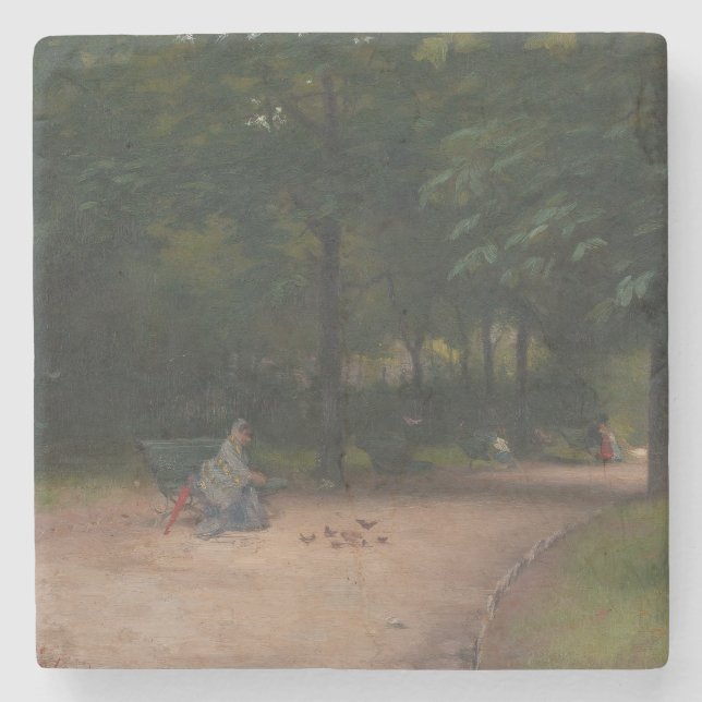 Feeding Birds in the Park (by Paul Peel) Stone Coaster (Front)