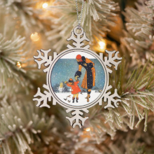Feeding Birds in the Snow Snowflake Pewter Christmas Ornament