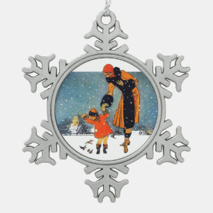 Feeding Birds in the Snow Snowflake Pewter Christmas Ornament