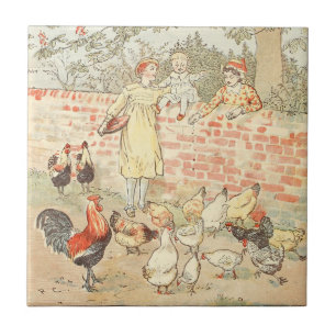 Feeding Chickens - Vintage Chicken Egg Farm Scene Tile