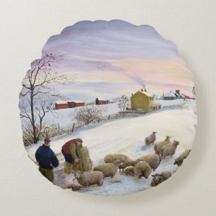 Feeding sheep in winter round cushion