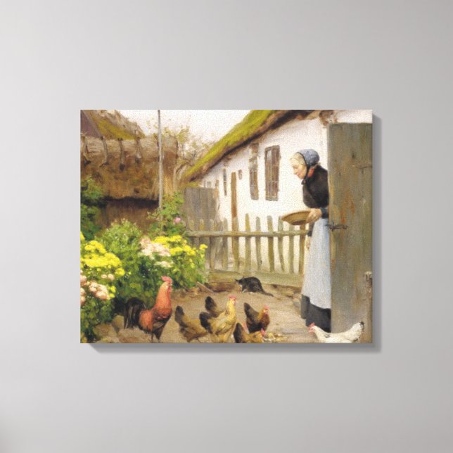 Feeding the Hens (by H.A. Brendekilde) Canvas Print (Front)