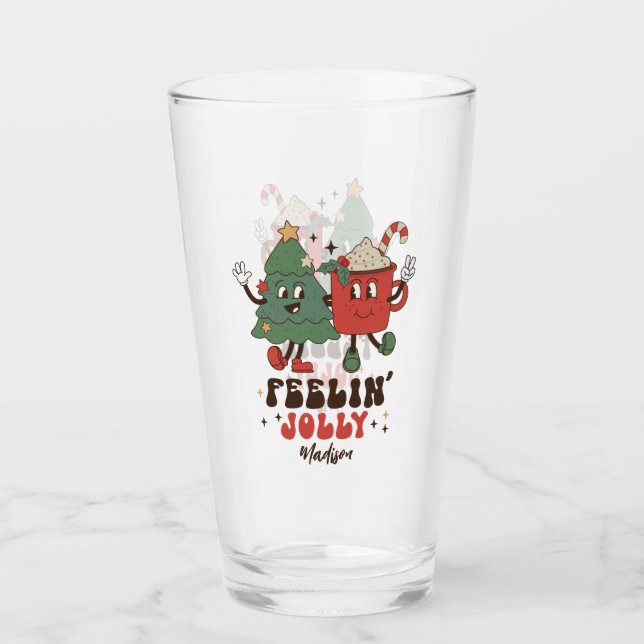 Feelin' Jolly Christmas Holidays Funny Retro Name Glass (Front)