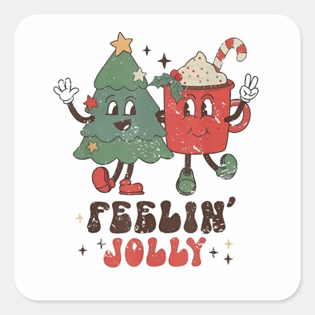 Feelin' Jolly Christmas Hot Cacoa Groovy Christmas Square Sticker (Front)