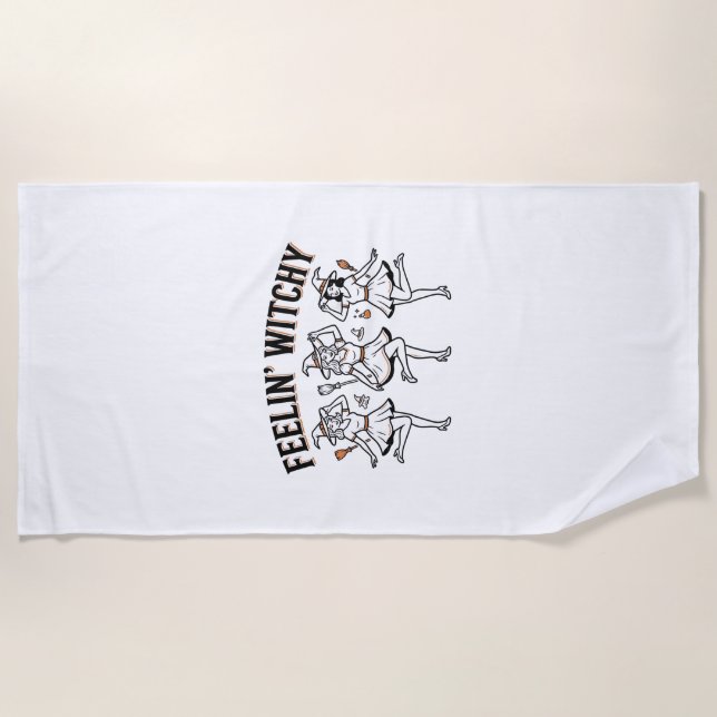 Feelin Witchy Retro Halloween Witches Beach Towel (Front)