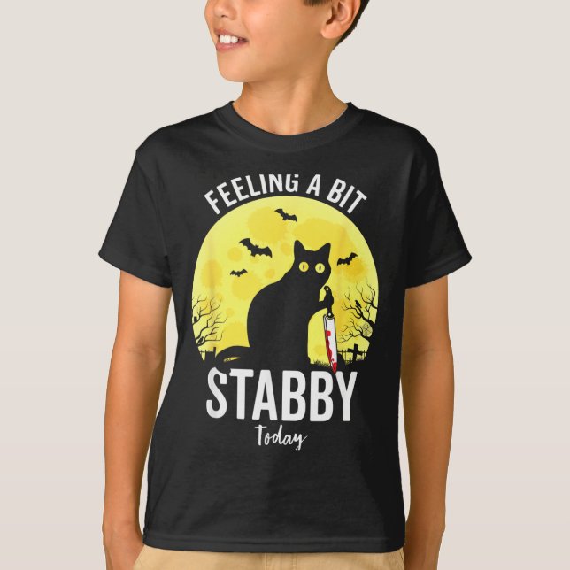 Feeling A Bit Stabby Funny Black Cat Halloween T-Shirt (Front)