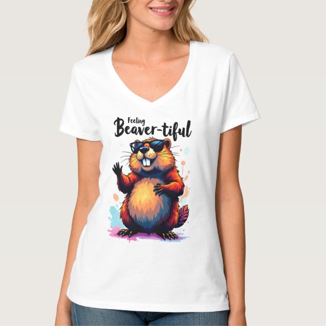 Feeling Beaver-tiful – Funny Beaver Graphic  T-Shirt (Front)
