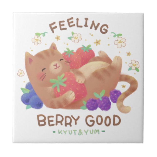 Feeling Berry Good: Cute Cat with Berries Tile (Front)