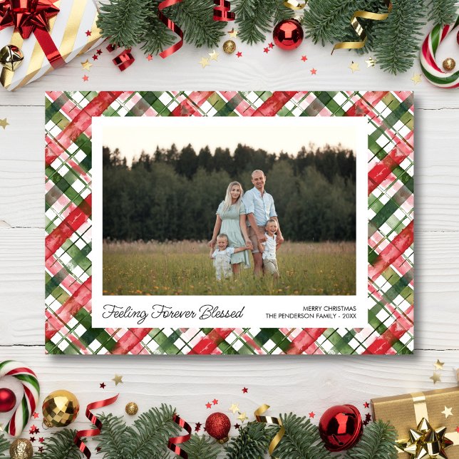 Feeling Blessed, Fun Plaid Christmas Photos Custom Holiday Card (Creator Uploaded)