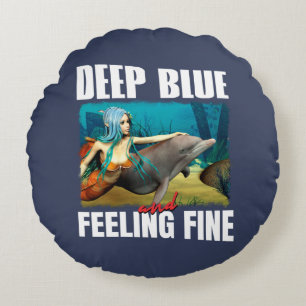 Feeling Blue Ocean Mermaid Dolphin Art Round Cushion