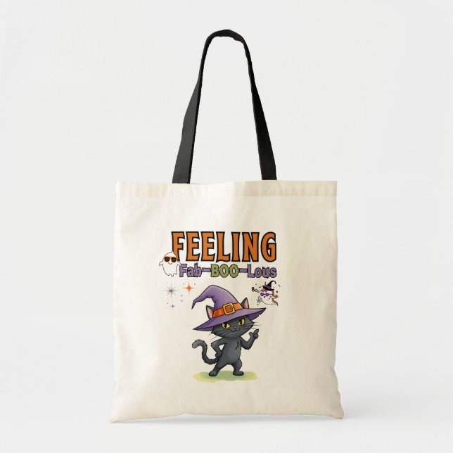 Feeling Fab-BOO-Lous Funny Halloween Cat  Tote Bag (Front)