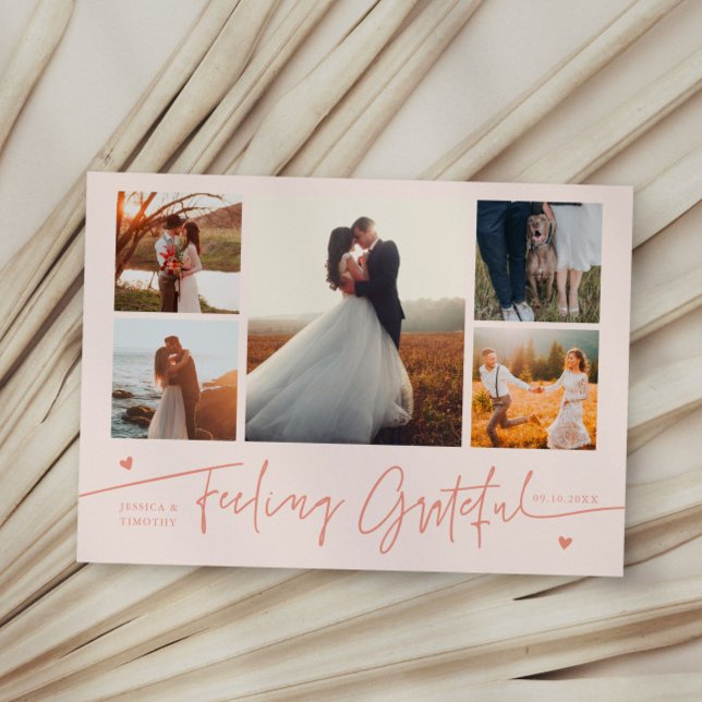 Feeling Grateful Peach Wedding Multi Photo Thank You Card (Creator Uploaded)