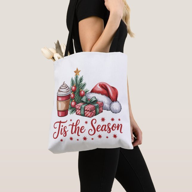 Feeling Jolly Christmas Tree Hot Cocoa Holiday Tote Bag (Close Up)