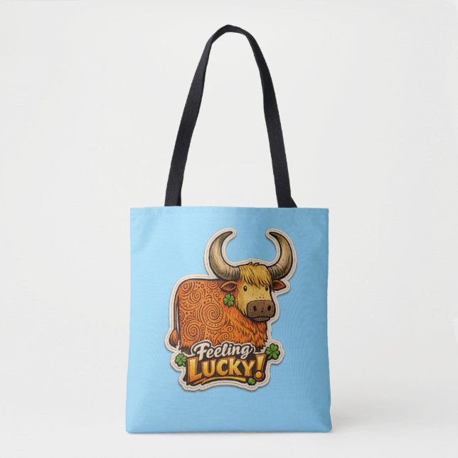 🍀 Feeling Lucky! Highland Cow Tote Bag 👜✨ (Front)