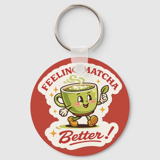 Feeling Matcha Better – Matcha Latte Pun Retro Key Ring (Front)