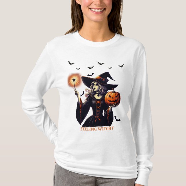 Feeling Witchy- Exotic Witch, Bats, Jack O'lantern T-Shirt (Front)