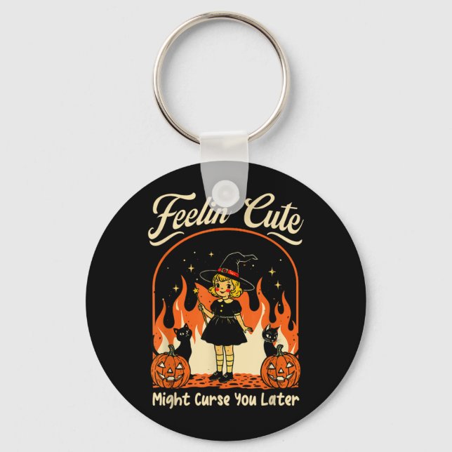 Feelings Cute Might Curse Later Halloween Black Key Ring (Front)