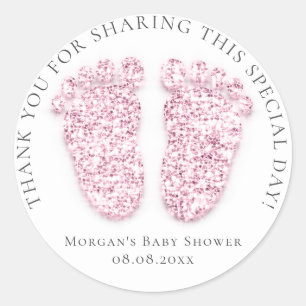 Feet Baby Shower Favour Thank Glitter Pink Grey Classic Round Sticker