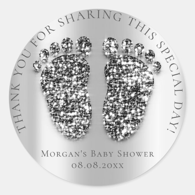 Feet Baby Shower Favour Thank Glitter Silver Grey Classic Round Sticker (Front)