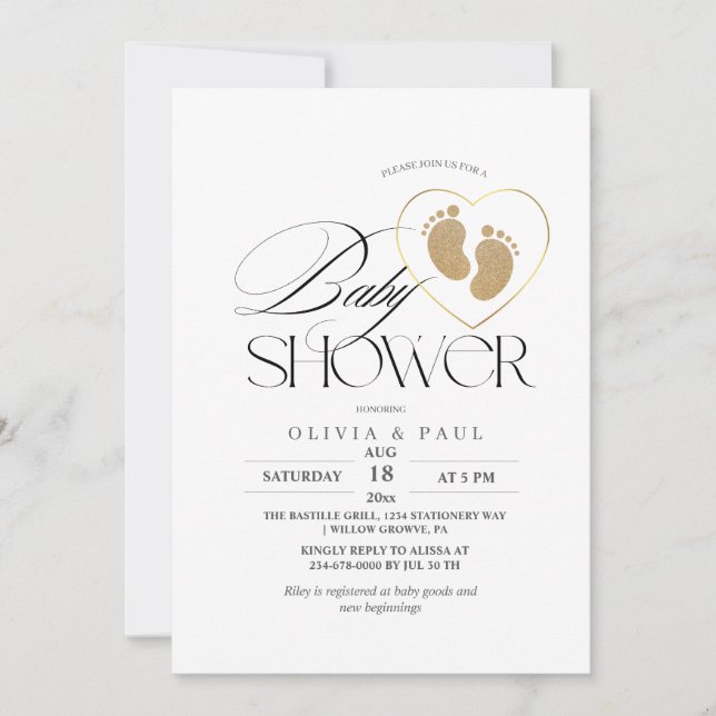 Feet Glitter Gold Elegant minimalist Baby Shower Invitation (Front)