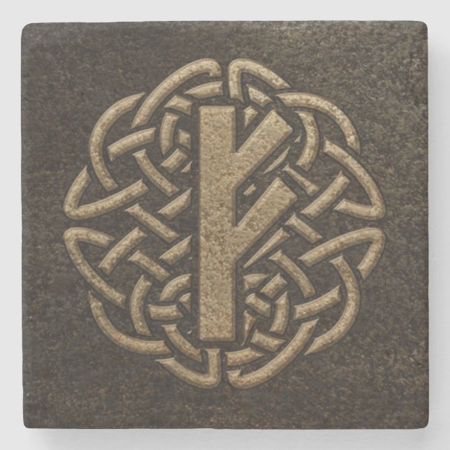 Fehu Rune Ancient Metal Embossed Amulet Stone Coaster (Front)