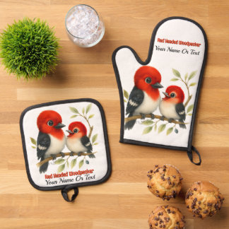 Feisty Red-headed Woodpecker Oven Mitt & Pot Holder Set