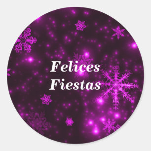 Felices Fiestas Snowflakes Purple Round Stickers