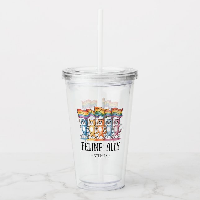 Feline Ally – Rainbow Cat LGBTQ Pride Acrylic Tumbler (Front)