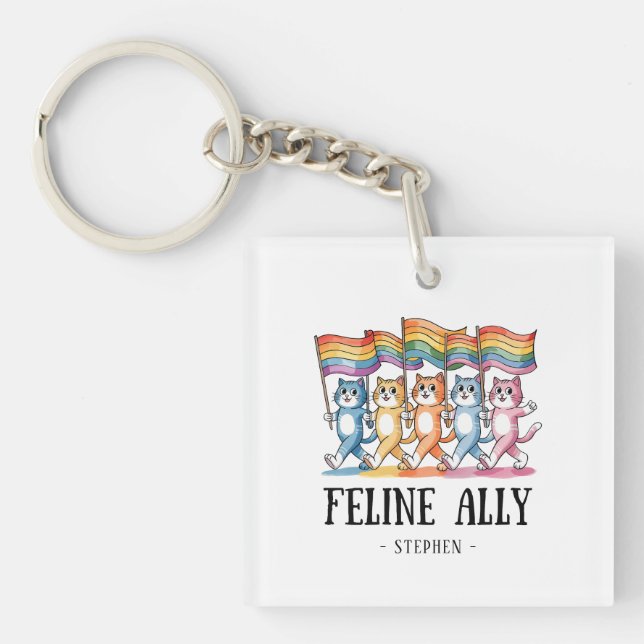 Feline Ally – Rainbow Cat LGBTQ Pride Key Ring (Front)