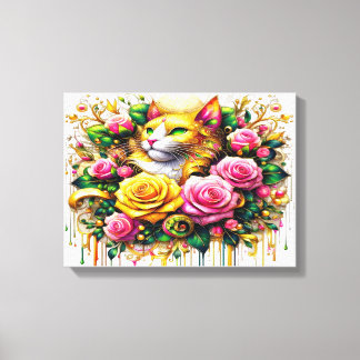 Feline Amidst a Vibrant Floral Bloom 16x12 Canvas Print