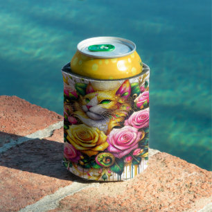 Feline Amidst a Vibrant Floral Bloom Can Cooler
