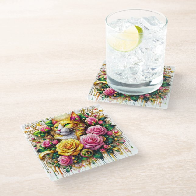 Feline Amidst a Vibrant Floral Bloom Glass Coaster (Angled)