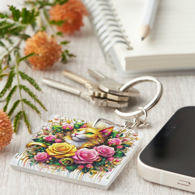Feline Amidst a Vibrant Floral Bloom Key Ring (Front Right)