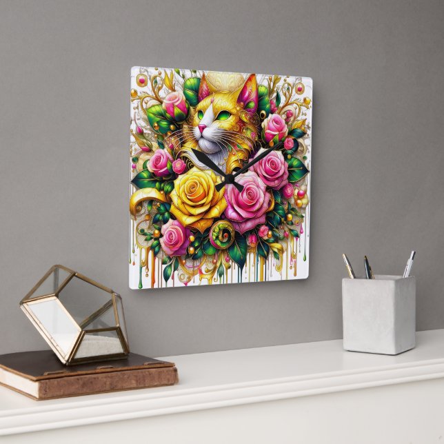 Feline Amidst a Vibrant Floral Bloom Square Wall Clock (Office)