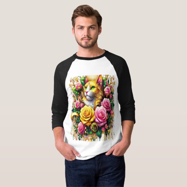 Feline Amidst a Vibrant Floral Bloom T-Shirt (Front Full)