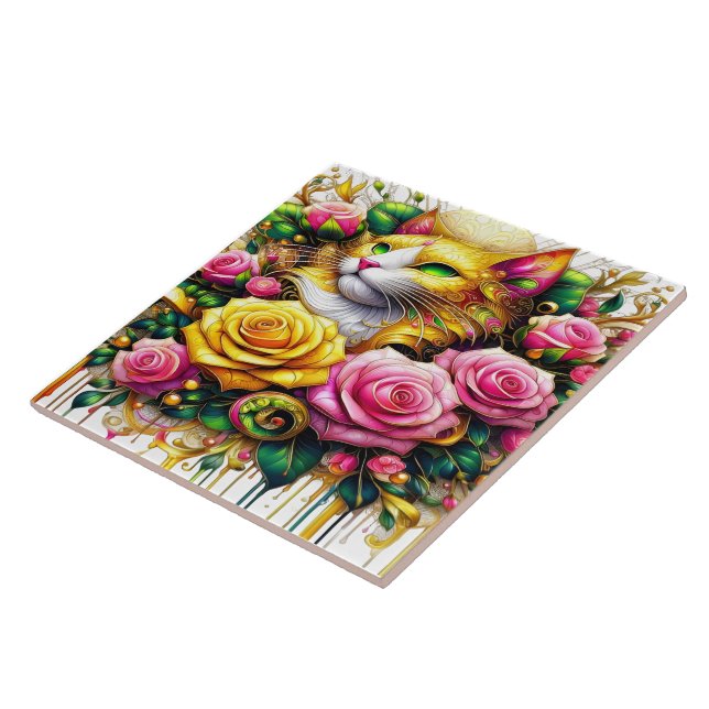 Feline Amidst a Vibrant Floral Bloom Tile (Side)