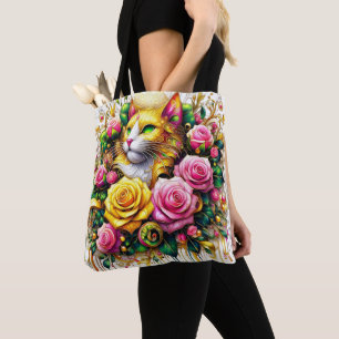 Feline Amidst a Vibrant Floral Bloom Tote Bag