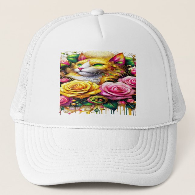 Feline Amidst a Vibrant Floral Bloom Trucker Hat (Front)