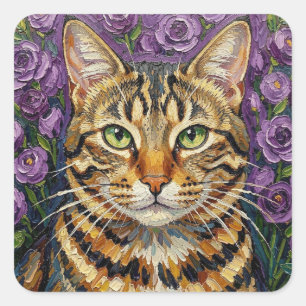 Feline and Floral   Cute Artistic Gray Tabby Cat Square Sticker