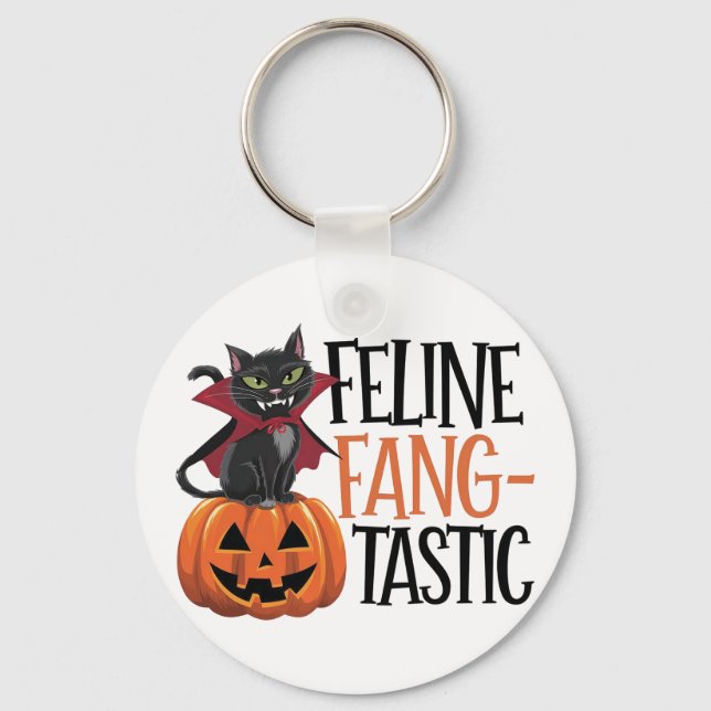 Feline Fang-tastic Halloween Vampire Cat Design Key Ring (Front)