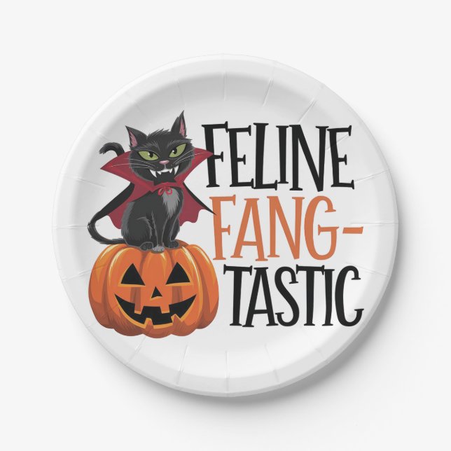 Feline Fang-tastic Halloween Vampire Cat Design Paper Plate (Front)