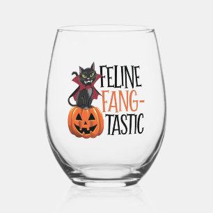 Feline Fang-tastic Halloween Vampire Cat Design Stemless Wine Glass