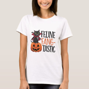Feline Fang-tastic Halloween Vampire Cat Design T-Shirt