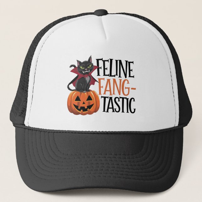 Feline Fang-tastic Halloween Vampire Cat Design Trucker Hat (Front)
