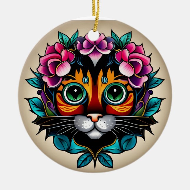 Feline Fiesta: Mexican Folk Art-Inspired Cat  Ceramic Tree Decoration (Front)